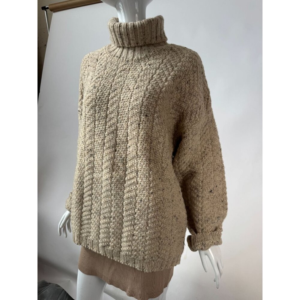 Vintage 80s Beige Chunky Knit Wool Turtleneck Sweater Textured Ribbed Long Sleev - Picture 11 of 12
